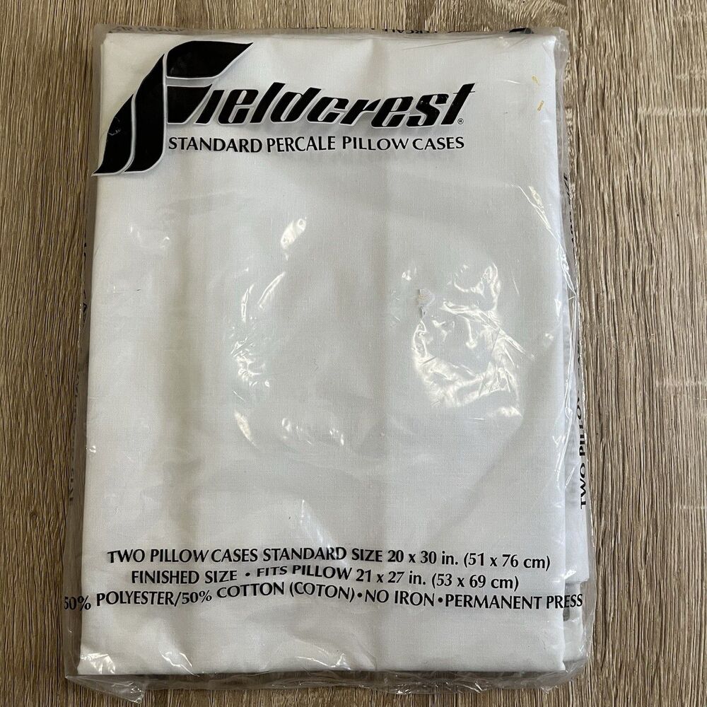 VTG Fieldcrest Cotton Polyester No Iron Standard Pillowcases Set Percale White